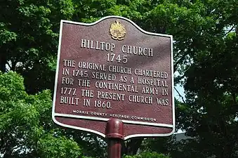 Morris County Heritage Commission sign for the Hilltop Church