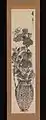 A white hanging scroll illustrated in black ink with a tall, woven bamboo basket filled with loosely-defined flowers.