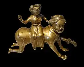 Aquamanile in the form of Phyllis and Aristotle, prob. Maasland, 1400–1450, brass
