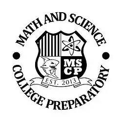 A shield containing a shark, an atom, and the school initials surrounded by the words "Math and Science College Preparatory"