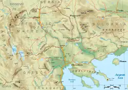 Topographic map of Macedonia, with the main roads and cities