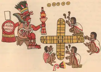 Image 20Patolli game being watched by Macuilxochitl as depicted on page 048 of the Codex Magliabechiano (from Board game)