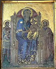 Mosaic of Virgin and Child with St. Chrysogonus (left) and St. James the Greater (right). (At the church of San Crisogono in Rome, ca.1273-1308)