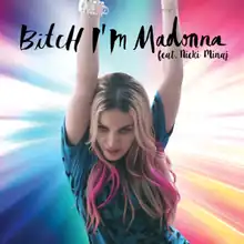 The remixes cover showing Madonna in a blue top and pink highlights in her hair, with both her hands up. She is standing against a colorful haloed background.