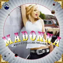Madonna wearing a white top with her tongue out to the camera. The photo is within a circular frame on top of which artist and song name is written in bold capital font.