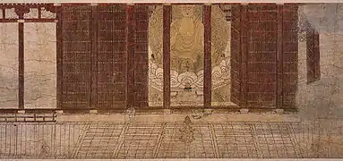 Iji-dō-zu: the nun is depicted alternately praying and sleeping to suggest the length of her retreat. Shigisan Engi Emaki, 12th century