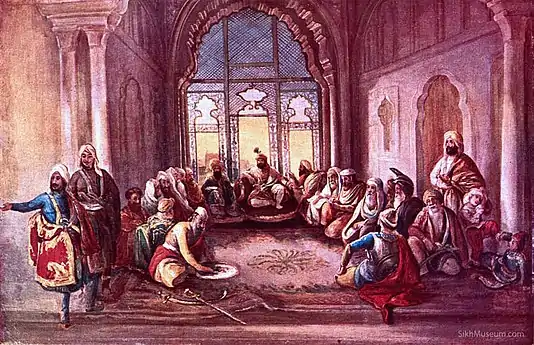 Maharaja Sher Singh and his council in the Lahore Fort in 1841.