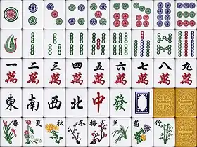 Chongqing style, made for the 3rd World Mahjong Championship in 2012. The colours are brighter, Character "五" (not "伍") is used for the 5 Character.