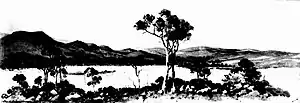From Australian Town and Country Journal 6 June 1906, an image taken from what is probably the work of Charles Coulter.  The accompanying description reads, "The first illustration shows the proposed capital site at Mahkoolma, the view looking west from Mount Carroll, Barren Jack and Little Jack Mountains being shown on the left of the picture."