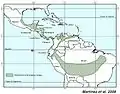 Historic distribution of mahogany from Mexico to southeastern Amazonia according to Lamb (1966). From Martinez et al. 2008.[citation needed]