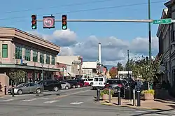 Typical set of traffic lights at the intersection of Main Street and Lewis Street (Washington State Route 203) in downtown Monroe, Washington