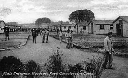 Convalescent soldiers walking up the central path to the main entrance