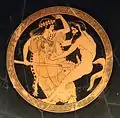 A Maenad using her thyrsos to ward off a Satyr, Attic red-figure kylix, circa 480 BC