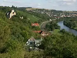Mainberg Castle (left), river Main (right) and Schonungen in the background