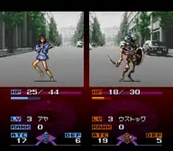A screenshot from Majin Tensei II, showing a battle between two demons. The top half of the screen is split vertically into two boxes, each showing one of the demons, while the bottom half shows the status of each demon, such as their health.