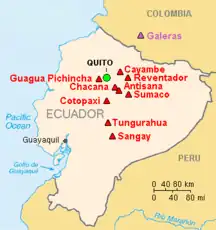 Map showing volcanoes in Ecuador