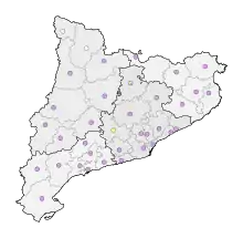 Shows an outlined map of the judicial capitals in Spain that are colour coordinated according to who won the majority of seats. Republicans won the majority of the capitals and they are coloured in purple.