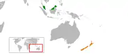 Map indicating locations of Malaysia and New Zealand