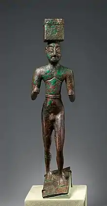 Man carrying a box, possibly for offerings. Metalwork, ca. 2900–2600 BCE, Sumer. Metropolitan Museum of Art.