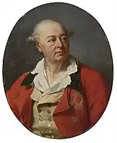 Oval portrait of a man in a red coat wearing the Order of Saint Hubert, a star with red enamel.