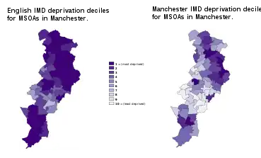 Maps of deprivation in Manchester using the English IMD decile on the left and the Manchester IMD decile on the right