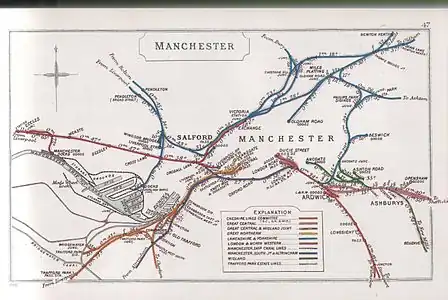 Railway Clearing House 1910 map of central Manchester showing the railway system at that date and the position of Exchange station at the end of the LNWR line from Liverpool via Eccles (marked in red)