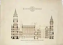 Cross section through Manchester Town Hall for 1866 entry in the competition, note the use of colour coding, much faded with age