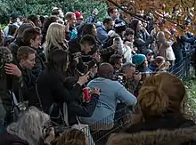 A crowd of people gathered to see the Central Park mandarin duck in November 2018.