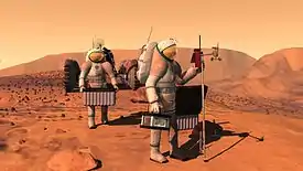 Concept art by NASA of two people in suits on Mars setting up weather equipment.
