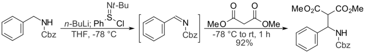 Lithiated benzylamine reacts with N-tert-butylbenzenesulfinimidoyl chloride to give an imine, which then reacts with dimethyl malonate to give a Mannich base.