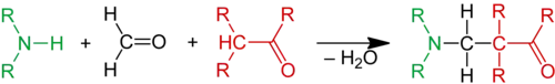 Scheme 1 – Ammonia or an amine reacts with formaldehyde and an alpha acidic proton of a carbonyl compound to a beta amino carbonyl compound.