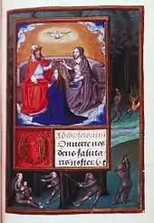 The conventional depiction, with older Father, dove, and Christ showing the wounds of his Passion
