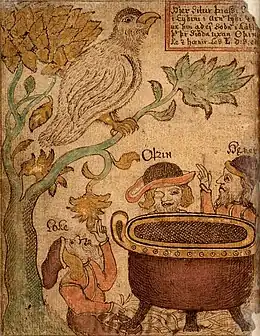 Þjazi stops the Æsir from boiling food in this illustration from an 18th-century Icelandic manuscript.