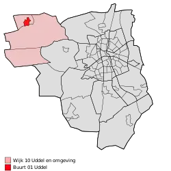 Location of Uddel in the municipality of Apeldoorn (the urban area of Uddel is red and the rural area is pink)