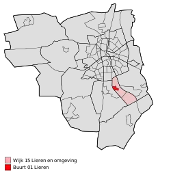 Location of Lieren in the municipality of Apeldoorn (the urban area of Beekbergen is red and the rural area is pink)