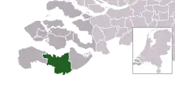 Highlighted position of Terneuzen in a municipal map of Zeeland