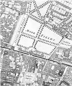 Detail from London Map by William Morgan (1682), showing siting of new Bethlem Hospital (1676) built in Moorfields, North London