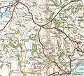 Map of line in 1919, showing sharp curves (grid squares of 2 mi (3.2 km), contours 50 ft (15 m))