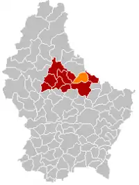 Map of Luxembourg with Bettendorf highlighted in orange, and the canton in dark red