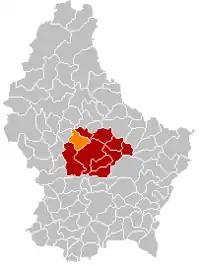 Map of Luxembourg with Bissen highlighted in orange, and the canton in dark red