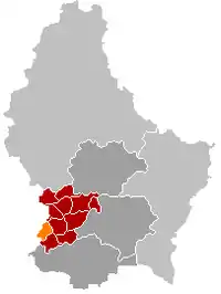 Map of Luxembourg with Clemency highlighted in orange, and the canton in dark red