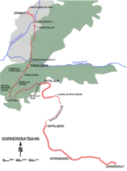 Map of the Gornergratbahn showing the Riffelalptram (in black)