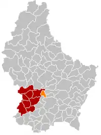 Map of Luxembourg with Kopstal highlighted in orange, and the canton in dark red