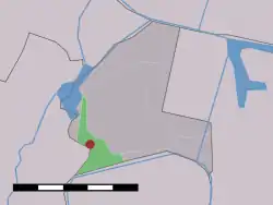 The village (dark red) and the statistical district (light green) of Haarlemmerliede in the former municipality of Haarlemmerliede en Spaarnwoude.