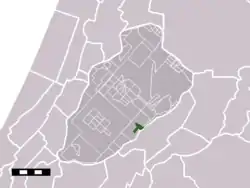 The town centre (darkgreen) and the statistical district (lightgreen) of Rijsenhout in the municipality of Haarlemmermeer.