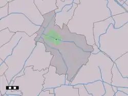 The village centre (dark green) and the statistical district (light green) of Hijken in the municipality of Midden-Drenthe.