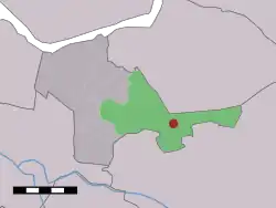 The village (dark red) and the statistical district (light green) of 't Woud in the municipality of Nijkerk.