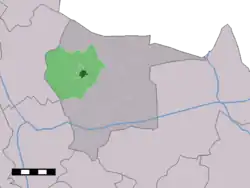 The village centre (dark green) and the statistical district (light green) of Geesteren in the municipality of Tubbergen.