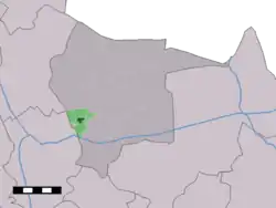 The town centre (dark green) and the statistical district (light green) of Harbrinkhoek in the municipality of Tubbergen.