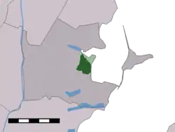 The town centre (dark green) and the statistical district (light green) of Monnickendam in the municipality of Waterland
